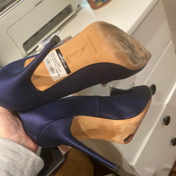 Manolo Blahnik Navy Satin Heels with Crystal Detail - Picture 7 of 9